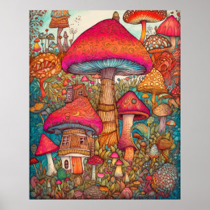 Poster Illustration d'un champignon psychédélique rétro c