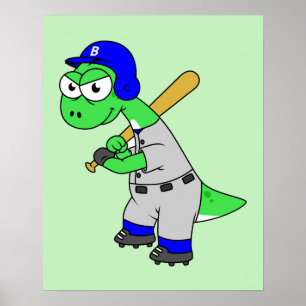 Poster Illustration D'Un Joueur De Baseball Brontosaurus.