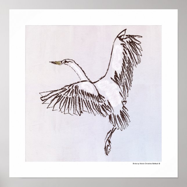 Poster Illustration d'un oiseau volant dans un ciel gris- (Devant)