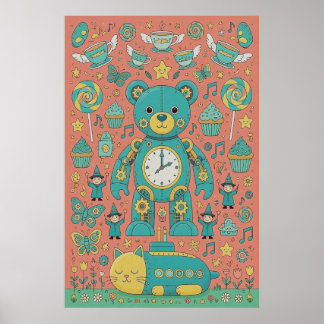Poster Illustration d'un ours en peluche occupé mignon
