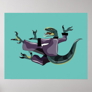 Poster Illustration D'Un Rapteur Qui Fait Du Karaté.