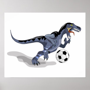Poster Illustration D'Un Raptor Dinosaure Jouant Au Footb