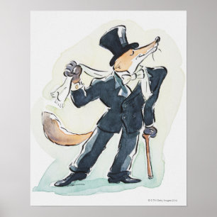 Poster Illustration d'un renard habillé en costume et en 