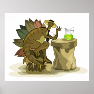 Poster Illustration D'Un Stegosaurus Qui Boit Une Boisson