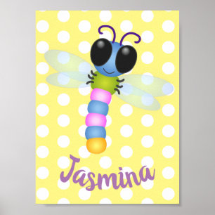 Poster Illustration d'une libellule bleu et rose
