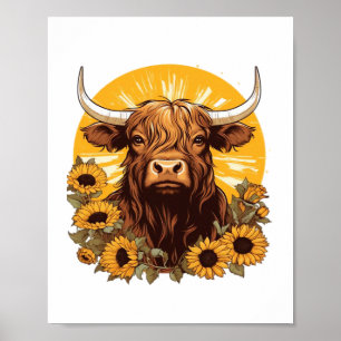 Poster Illustration d'une vache des Highlands avec Sunflo
