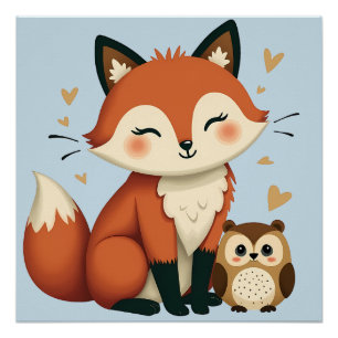 Poster Illustration fantaisiste de renard et de hibou de