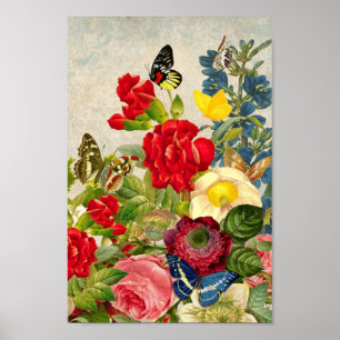 Poster Illustration Fleurs vintages/Papillons