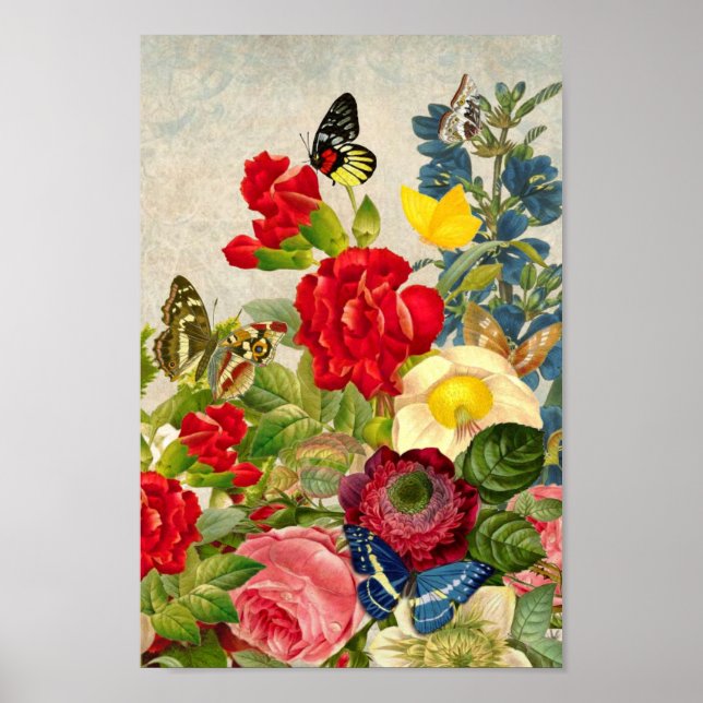 Poster Illustration Fleurs vintages/Papillons (Devant)