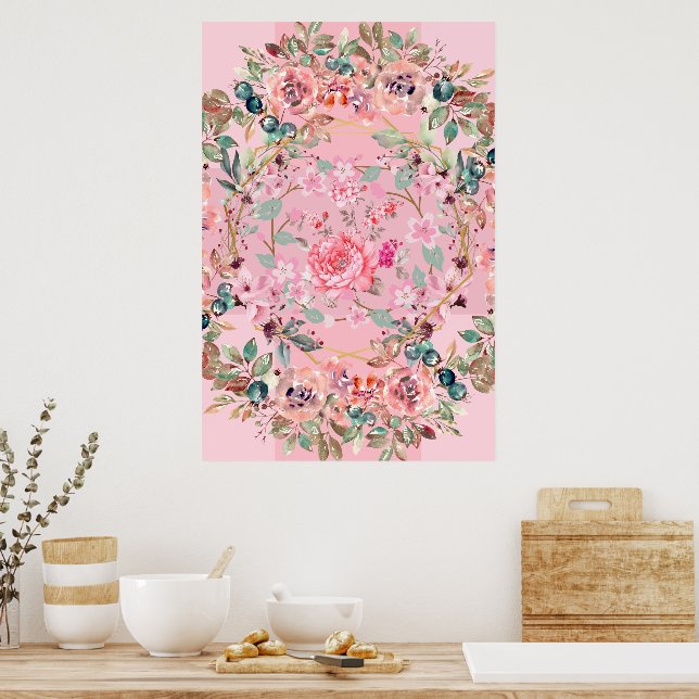 Poster Illustration florale, couronne florale rose (Cuisine)