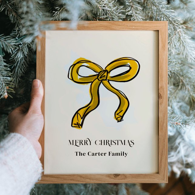 Poster Illustration Golden Yellow Bow Nom de famille (Golden yellow ribbon bow Christmas holiday sketch illustration personalized art print poster.)