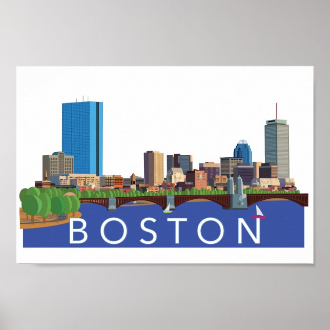 Poster Illustration ludique et unique Boston Skyline (Devant)