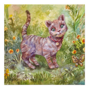 Poster Illustration Mignon Chat Jardin Papillon Fleurs