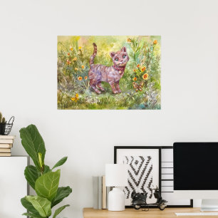Poster Illustration Mignon Chatons Jardin Papillon Fleurs