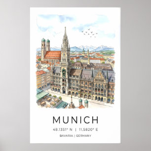Poster Illustration murale de la skyline de Munich - Illu