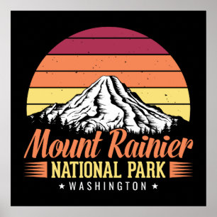 Poster Illustration Rétro Coucher de Soleil Mont Rainier