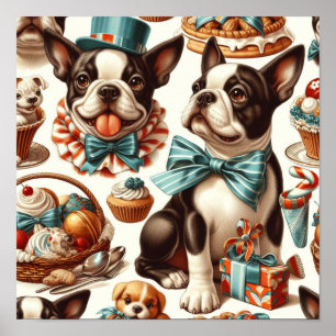 Poster Illustration Retro Cute Boston Terrier