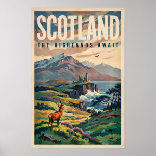Poster Illustration Rétro de Cerf des Highlands Écossais