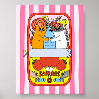 Poster Illustration Rétro de Chat Sardine Rose Cuisine