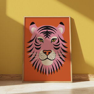 Poster Illustration rétro de gros chat tigre rose et oran