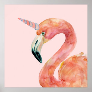 Poster Illustration Unicorne Flamant rose rose