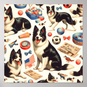 Poster Illustration vintage Collie Bordure