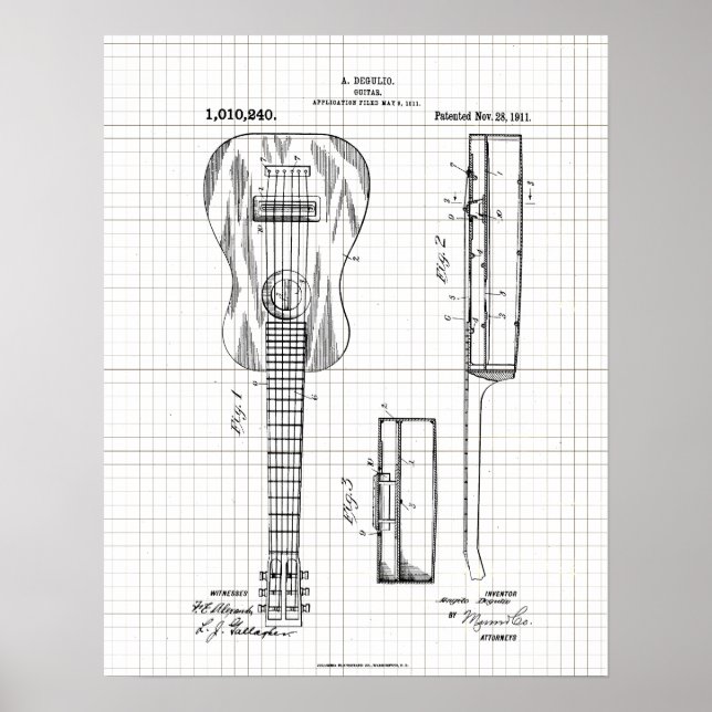 Poster Illustration vintage de brevet de guitare de 1911 (Devant)