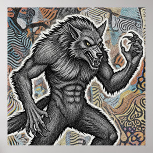 Poster Illustration Vintage de Loup-Garou Loup Gothique F