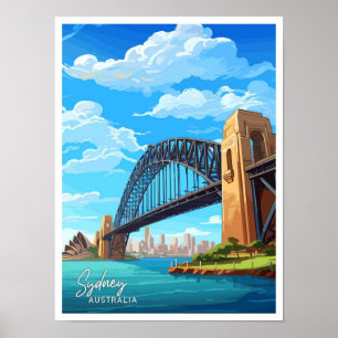 Poster Illustration Vintage de voyage du pont du port de 