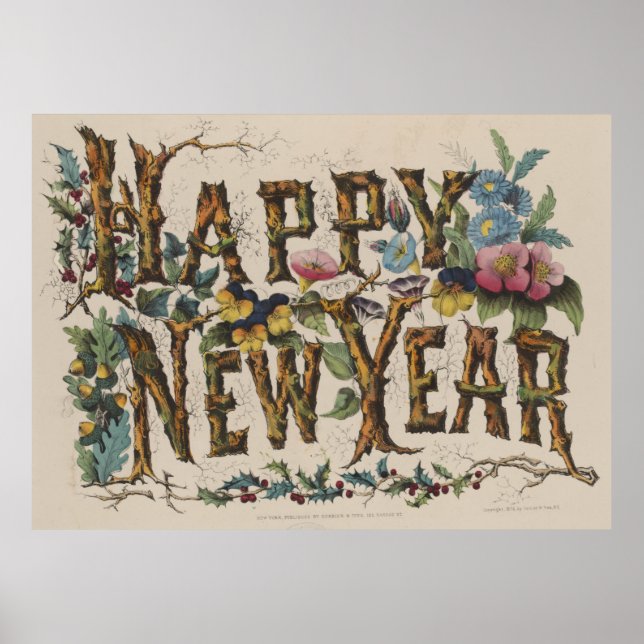 Poster Illustration vintage du Joyeux Nouvel An (1876) (Devant)