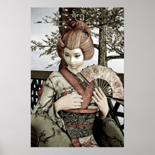 Poster Illustration vintage d'un éventail de geisha en ki