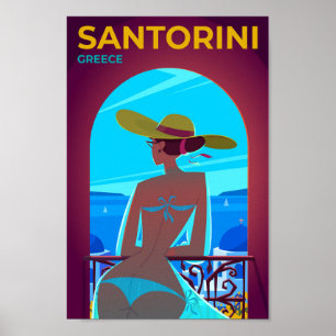 Poster Illustration Vintage voyage de Santorin Grèce