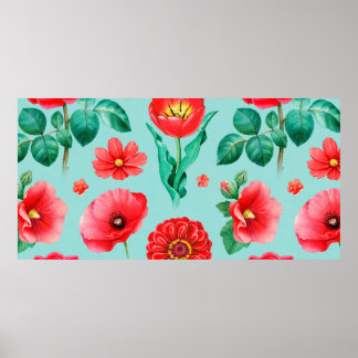 Poster Illustrations aquarelles de fleurs rouges. Inséabl