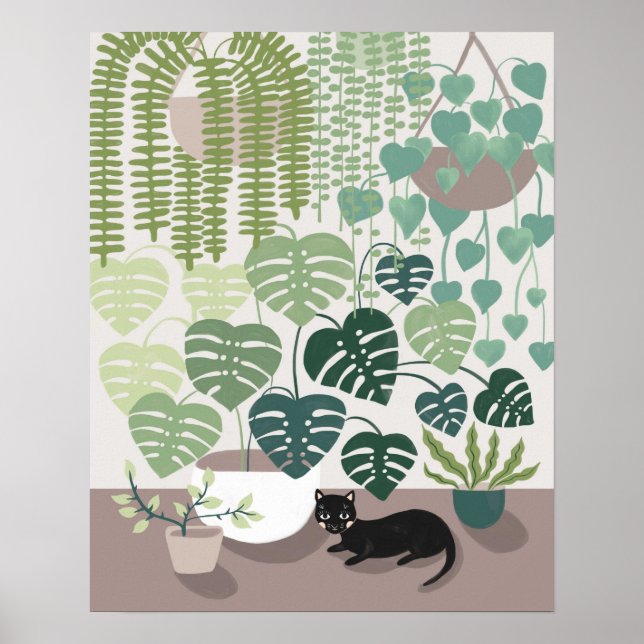 Poster illustré d'un chat Plante moderne vert inté (Devant)