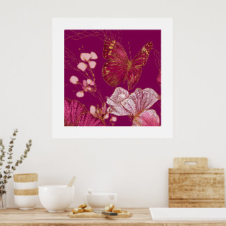 Poster im Quadrat mit rosa Schmetterlingssammlung