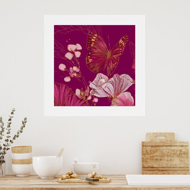 Poster im Quadrat mit rosa Schmetterlingssammlung (Küche)