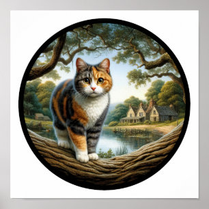 Poster Image 3D circulaire d'un beau chat Calico