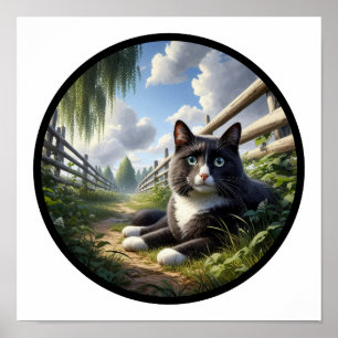 Poster Image 3D circulaire d'un beau chat Tuxedo