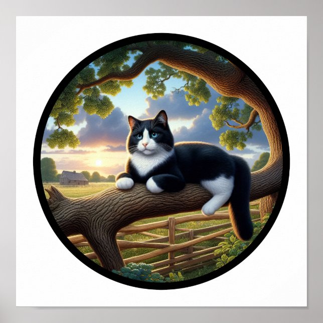 Poster Image 3D circulaire d'un beau chat Tuxedo (Devant)