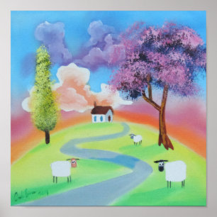Poster Image folklorique colorée de paysage des moutons