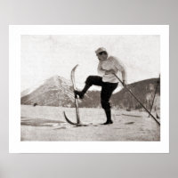 Images de ski vintage, Skis en bois, pôle unique