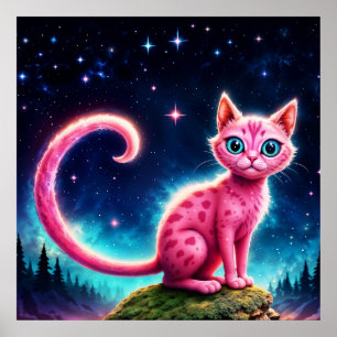 Poster Imaginaire chat rose dans la forêt de nuit étoilée