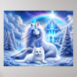 Poster Imaginaire d'hiver avec belle licorne et Kitten
