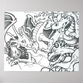 Poster Imaginaire dragons de dessin noir et blanc