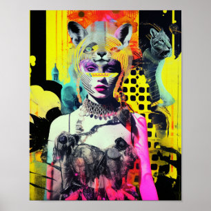 Poster Imaginaire Femme et Animaux Collage coloré