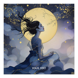 Poster Imaginaire Femme mignonne Arbres Lune