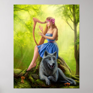 Poster Imaginaire fille fée et ami loup.