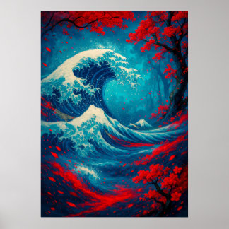 Poster Imaginaire Grande vague avec fleurs de cerisiers