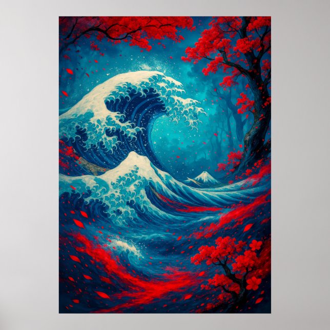 Poster Imaginaire Grande vague avec fleurs de cerisiers (Devant)