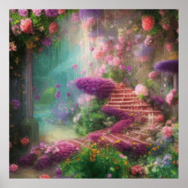 Poster Imaginaire Jardin Magique Avec Fleurs Et Escaliers